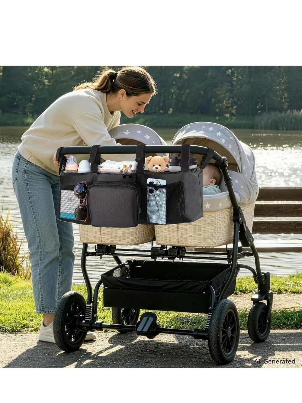 Black Twin Stroller Organizer Caddy - Universal Multi-Pocket Storage